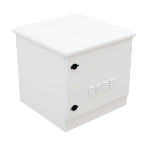 Heavy Duty 9U Outdoor Network Cabinet Floor Mount With Smart Fan Cooling Auto Temp Control IP66 Rated Weatherproof Unit Pre Assembled for zero hassle installation, white steel enclosure.