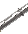 Side view of a silver cylindrical stepper motor component with rectangular side slots and end rings.