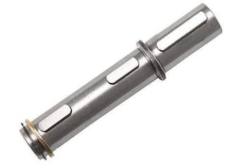 Side view of a silver cylindrical stepper motor component with rectangular side slots and end rings.