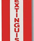 Fire extinguisher sign with bold red and white arrow indicating direction, important for emergency safety gear.
