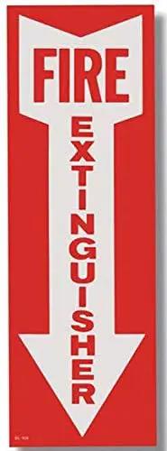 Fire extinguisher sign with bold red and white arrow indicating direction, important for emergency safety gear.