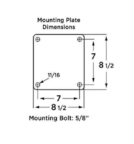 Mounting plate dimensions diagram for Rock Solid Heavy Duty Rigid Caster Featuring Smooth 21 Inch Pneumatic Air Filled Tire.