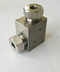 Stainless steel elbow valve with two 1/4-inch inlet/outlet ports.