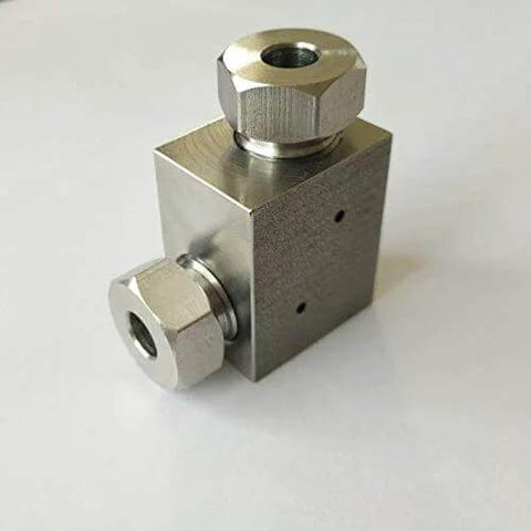 Stainless steel elbow valve with two 1/4-inch inlet/outlet ports.