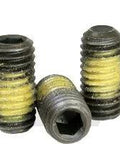 Three Ten Thirty-Two Fine Thread Hex Socket Cup Point Socket Set Screws In Alloy Steel With Black Oxide Finish, close-up view