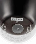 Bottom view of a double wall insulated glass tumbler showcasing the clear borosilicate construction and logo detail.