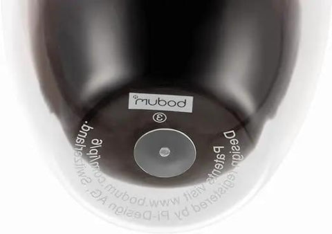 Bottom view of a double wall insulated glass tumbler showcasing the clear borosilicate construction and logo detail.