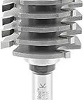 Close-up of Carbide Tipped Box Joint Router Bit 1 7/8 Diameter, 1 3/8 Cutting Height, 1/2 Shank, 3 3/4 Overall Length with steel shank