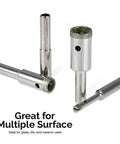 Five hollow-core diamond hole saw drill bits with 1/4 in shanks for glass, tile, and ceramic use.