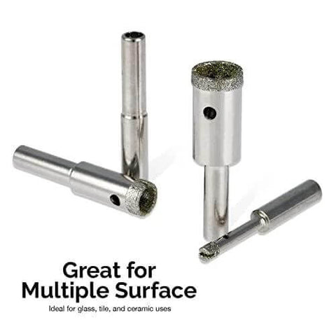 Five hollow-core diamond hole saw drill bits with 1/4 in shanks for glass, tile, and ceramic use.