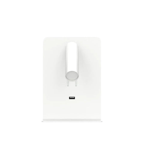Front view of plug in wall light for bedroom with two separate switches, LED reading light and chill night light, USB port