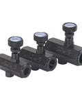 Three 1/2-inch flow-control throttle check valves by Amazon with blue knurled adjustment knobs, carbon steel