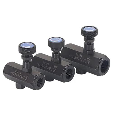 Three 1/2-inch flow-control throttle check valves by Amazon with blue knurled adjustment knobs, carbon steel