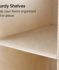 Close-up of sturdy shelves in the 6 Shelf Hanging Closet Organizer With Durable Canvas Storage For Shoes Clothes And Accessories Beige Wardrobe Shelving.