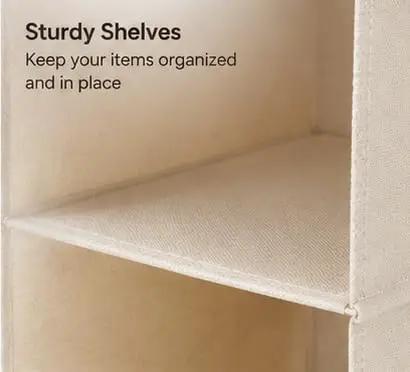 Close-up of sturdy shelves in the 6 Shelf Hanging Closet Organizer With Durable Canvas Storage For Shoes Clothes And Accessories Beige Wardrobe Shelving.