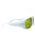 Pro Grade Infrared Laser Protective Eyewear Built Different For Pros With Crystal Clear View And Straight Up Reliable Blocking For Nd Yag Diode Systems And High Power Beams, white frame with green lenses, side view.