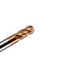 Carbide ball-nose end mill, 1/4 in shank, TiSiN coated copper, 4 flutes, close-up view