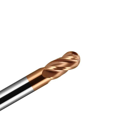 Carbide ball-nose end mill, 1/4 in shank, TiSiN coated copper, 4 flutes, close-up view