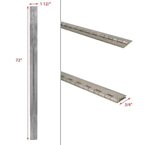 Built Tough As Nails 16 Gauge Aluminum Marine Piano Hinge 72 Inches Long By 1 1/2 Inches Wide showing side and end views.