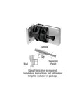 Built Different Heavy Duty Brushed Stainless Steel Gate Latch For Half Inch Tempered Glass Out Swing Pool Gate Wall Or Square Post Mount Dead Simple Installation angled view with installation diagram.