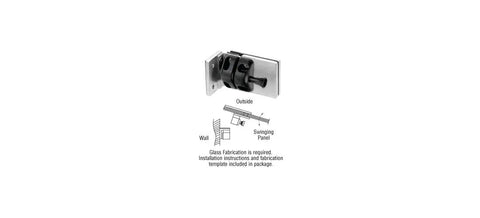 Built Different Heavy Duty Brushed Stainless Steel Gate Latch For Half Inch Tempered Glass Out Swing Pool Gate Wall Or Square Post Mount Dead Simple Installation angled view with installation diagram.