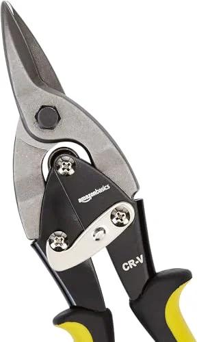 Amazon Basics Straight Cut Aviation Snip, side view with black/yellow handles and steel blades.