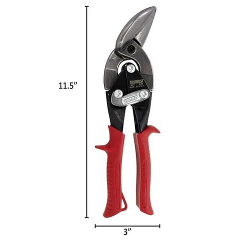 Midwest aviation snip left-cut offset tinner shears, red handles, front view, Made in USA