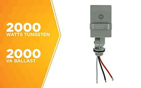 Adjustable Outdoor Swivel Light With Dusk To Dawn Photocell Switch Hardwired Stem Mount, rear view with wiring and power ratings