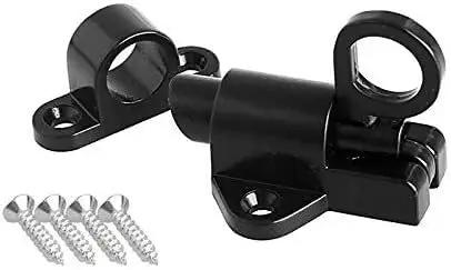 Aluminum Spring Loaded Sliding Door Lock Latch Safety Hasp for Gate Window in black, with mounting screws for installation.