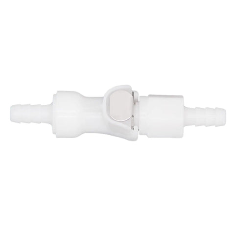 Plastic Quick Disconnect Fitting With Shut Off For Gas And Liquid Lines Beer Line Tubing Quick Disconnect With Check Valve Food Grade Five Sixteenths Inch Barb Easy Swap Leak Free When Disconnected front view