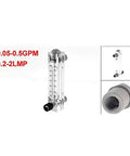 One Half Inch PT Thread Flow Meter For Water Or Oil 0.05 To 0.5 GPM And 0.2 To 2 LPM Clear Glass Body With Stainless Steel And Plastic components