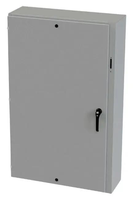 Straight Up Heavy Duty Arc Flash Prevention Gear Featuring A Top Shelf 1200 Amp 65KA Enclosed Circuit Breaker For Tough 480VAC Jobs And Hella Safer Workplaces Meets Every Major Safety Code gray enclosure with handle.
