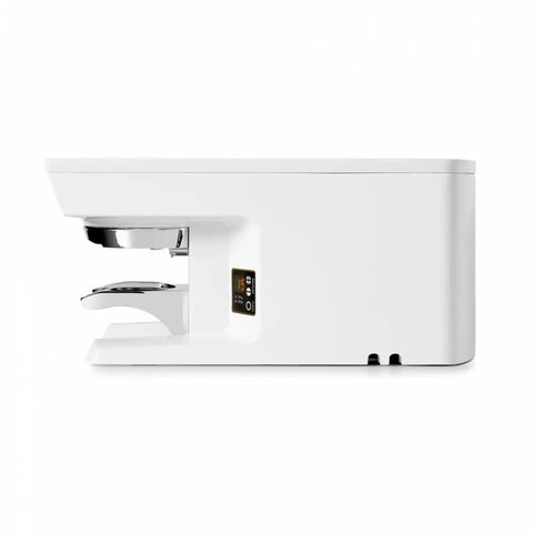 Pro Grade Automated Coffee Tamper Engineered For Mythos And Nuova Simonelli Grinders white unit with user interface, side view.