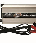 XS Power HF1415 high-frequency AGM IntelliCharger, 14V 15A, with red and black alligator clips, front view