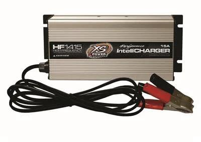 XS Power HF1415 high-frequency AGM IntelliCharger, 14V 15A, with red and black alligator clips, front view