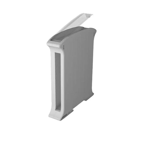 Grey 22.5mm DIN Rail Plastic Enclosure Railbox for Compact PCB Housing shown in side view with open snap-fit assembly
