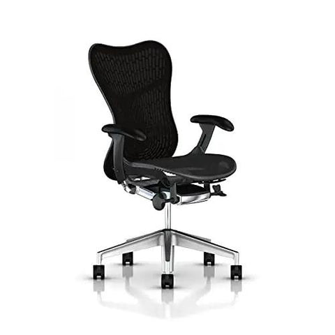 Black ergonomic office chair with mesh back on wheels, compatible with Heavy Duty Rotating Cable Actuator Gas Lift Cylinder For Mirra Embody Setu Office Chairs.