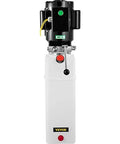 Front view of hydraulic power unit for car lifts; white plastic reservoir and black motor with controls visible.