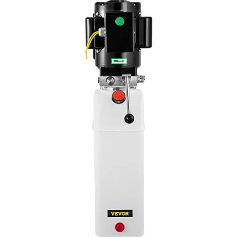 Front view of hydraulic power unit for car lifts; white plastic reservoir and black motor with controls visible.