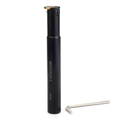 Five Eighth Inch Shank Grooving Cutoff Tool Holder Boring Bar With Four Point Nine Inch Overall Length For Pro Grade Tool Life And Faster Cutting Low Friction Machining With Carbide Insert MGMN200 Model MGIVR2016-2 shown with L-shaped tool