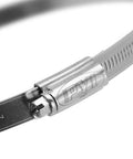Close-up of a PYI 316L stainless steel worm-drive hose clamp, 0.87–1.18 in, non-perforated, rolled edge