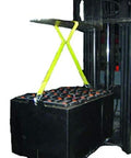 Industrial forklift battery lifting sling with neon-yellow straps lifting a large battery on a pallet (front view)