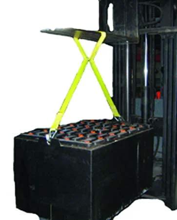Industrial forklift battery lifting sling with neon-yellow straps lifting a large battery on a pallet (front view)