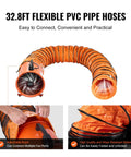 Heavy Duty 16 Inch Utility Blower Fan With Two Speeds Delivers Beastly 5175 CFM At High And 4475 CFM At Low Portable Industrial Exhaust Ventilator With 33 Feet Duct Hose For Basements Warehouses And Workshops showing orange flexible PVC pipe hose