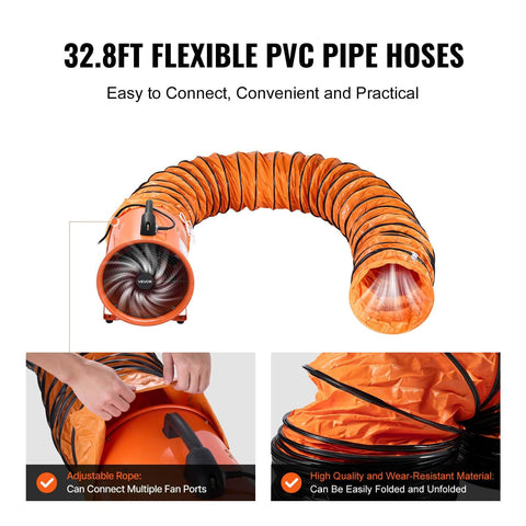 Heavy Duty 16 Inch Utility Blower Fan With Two Speeds Delivers Beastly 5175 CFM At High And 4475 CFM At Low Portable Industrial Exhaust Ventilator With 33 Feet Duct Hose For Basements Warehouses And Workshops showing orange flexible PVC pipe hose