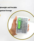 Hand holding 32 In 1 Precision Electronics Screwdriver Set With 30 Heads And 2 Accessories, green handle, in a clear case.
