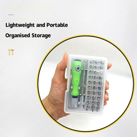 Hand holding 32 In 1 Precision Electronics Screwdriver Set With 30 Heads And 2 Accessories, green handle, in a clear case.