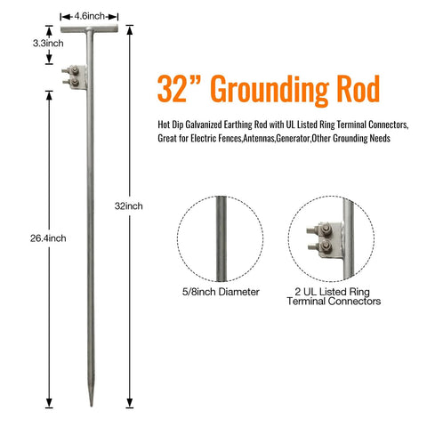 Five Eighth Inch Thirty Two Inch Grounding Rod Hot Dip Galvanized Steel Per ASTM A153 With Ring Terminal Connector Lugs UL Listed