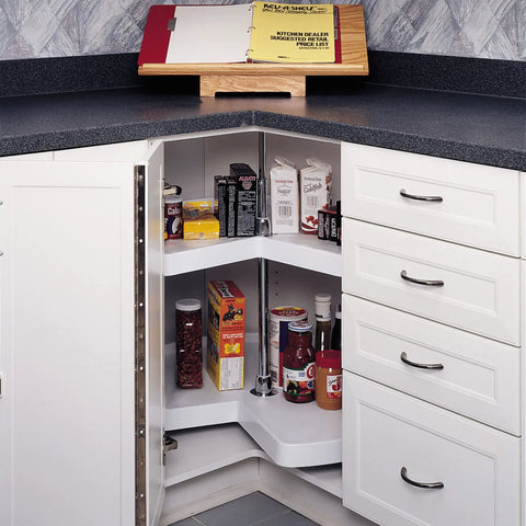 32 Inch Kidney Shaped Dual Tier Lazy Susan Organizer For Corner Base Kitchen Cabinets In White Polymer With Telescoping Shaft Installed