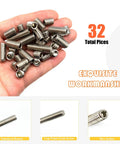 Hand holding 32 Piece Hex Socket Set Screws Assortment Kit 5/16-18 Thread 304 Stainless Steel Cup Point Grub Screws